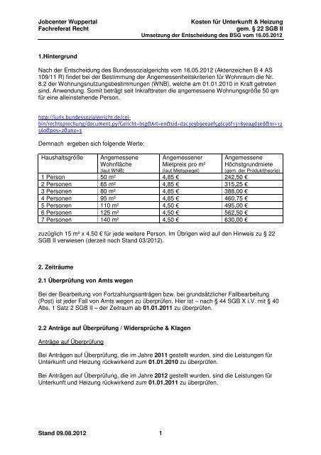 Jobcenter Wuppertal Kosten für Unterkunft &amp; Heizung Fachreferat ...