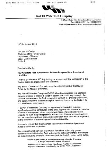 Letter from michael flynn, Chairman port of Waterford Company, incl ...