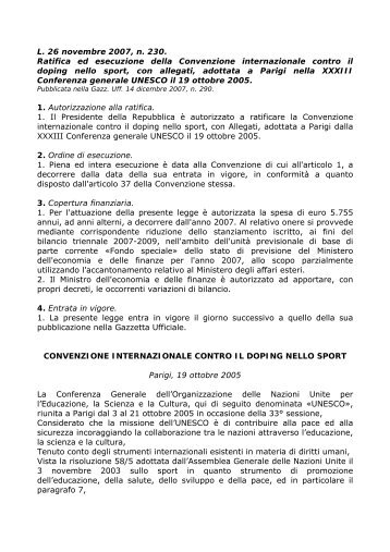 Il testo della legge di Ratifica e della Convenzione - Ufficio per lo Sport