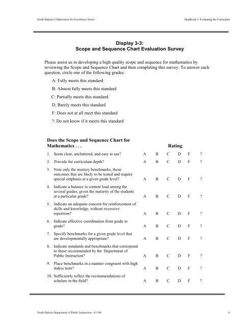 Sample Scope and Sequence Chart - ND Curriculum Initiative