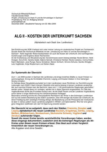 ALG II - KOSTEN DER UNTERKUNFT SACHSEN