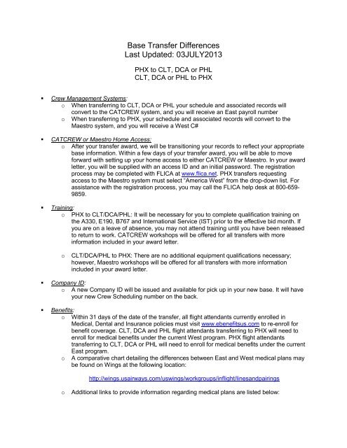 Base Transfer Differences - AFA USAirways