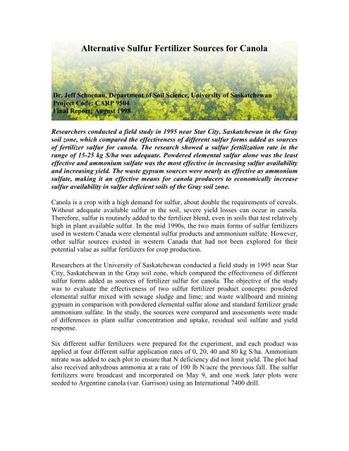 Alternative Sulfur Fertilizer Sources for Canola - SaskCanola