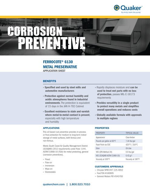 FERROCOTEÂ® 6130 METAL PRESERVATIVE - Quaker Chemical Corporation