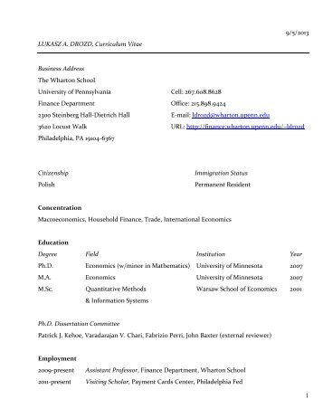 Curriculum Vitae - Finance Department - University of Pennsylvania