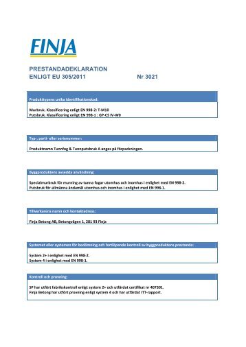 PRESTANDADEKLARATION ENLIGT EU 305/2011 Nr 3021 - Finja