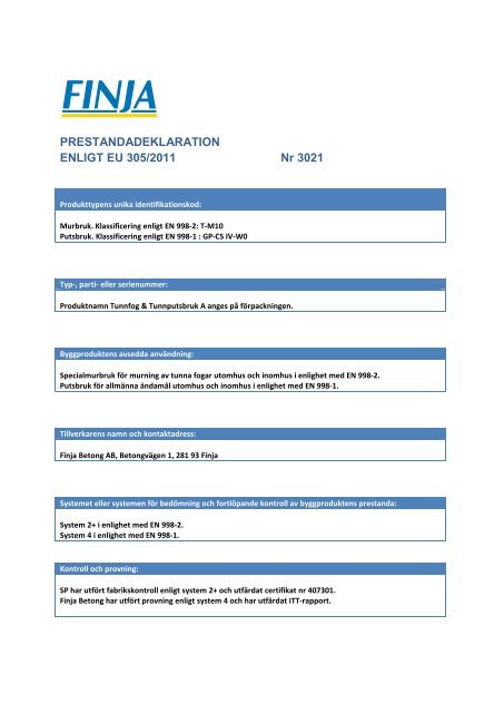 PRESTANDADEKLARATION ENLIGT EU 305/2011 Nr 3021 - Finja