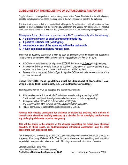 Guidelines For The Requesting Of Ultrasound Scans For Dvt