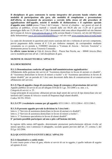 citta' di ariccia provincia di roma bando di gara per procedura aperta