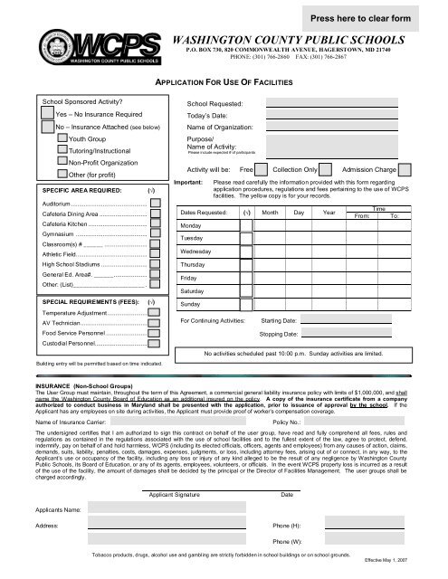 Facilities Use Request Form - Washington County, MD Public Schools