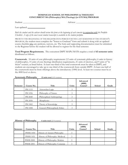 Course Requirement Checklist - Dominican School of Philosophy ...