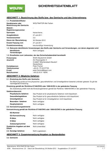 SICHERHEITSDATENBLATT - WOLFIN Bautechnik