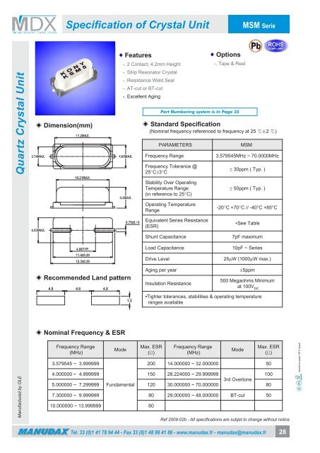 Tuning Fork 32,768 KHz Crystals Catalogue - Manudax