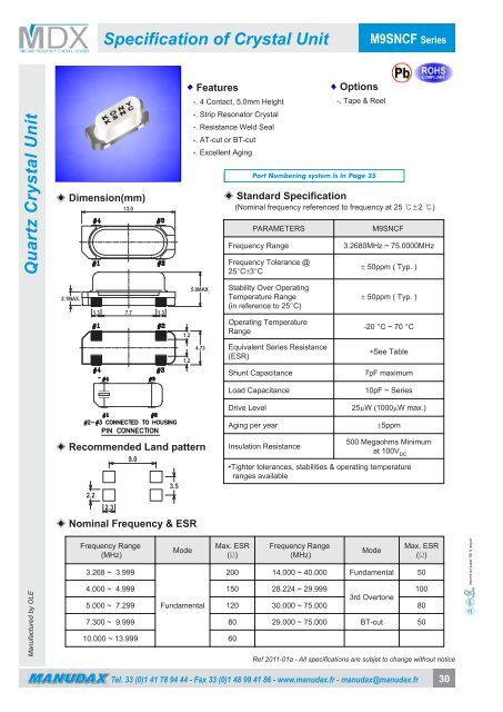 Tuning Fork 32,768 KHz Crystals Catalogue - Manudax