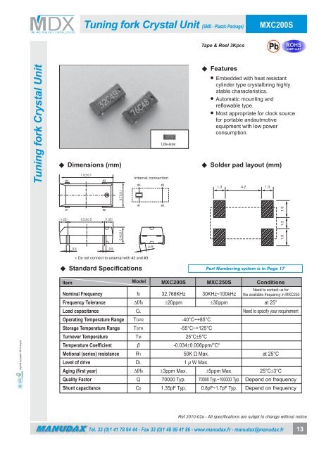 Tuning Fork 32,768 KHz Crystals Catalogue - Manudax