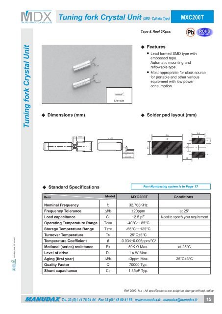 Tuning Fork 32,768 KHz Crystals Catalogue - Manudax