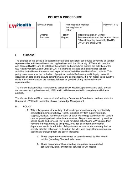 Regulation of Vendor Representatives and the Vendor ... - UW Health