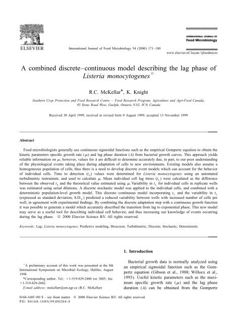 A combined discreteâcontinuous model describing the lag phase of ...