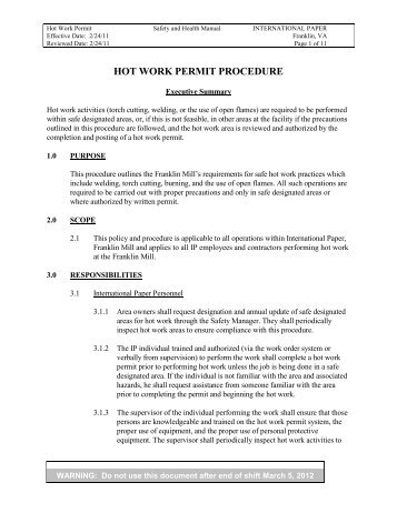 hot work permit procedure - International Paper