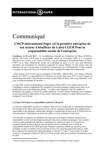 CMCP-International Paper est la premiÃ¨re entreprise de son secteur ...