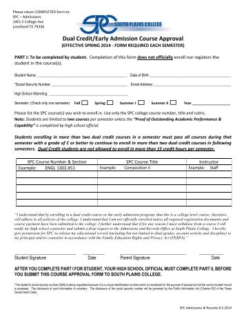 Dual Credit and Early Admission Application - South Plains College