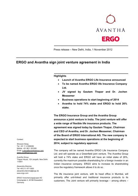 ERGO and Avantha sign joint venture agreement in ... - Avantha Group