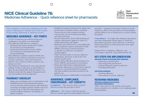 Medicines adherence, quick reference sheet for pharmacists