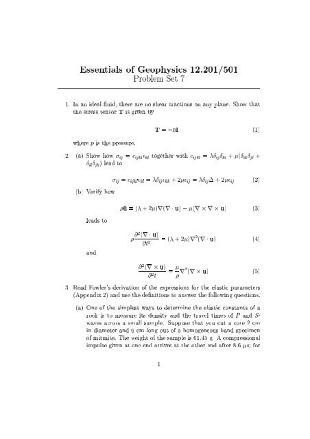 Essentials of Geophysics 12.201/501 Problem Set 7 1. In an ideal ...