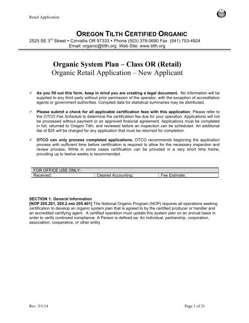 Organic System Plan â Class OR (Retail) Organic ... - Oregon Tilth