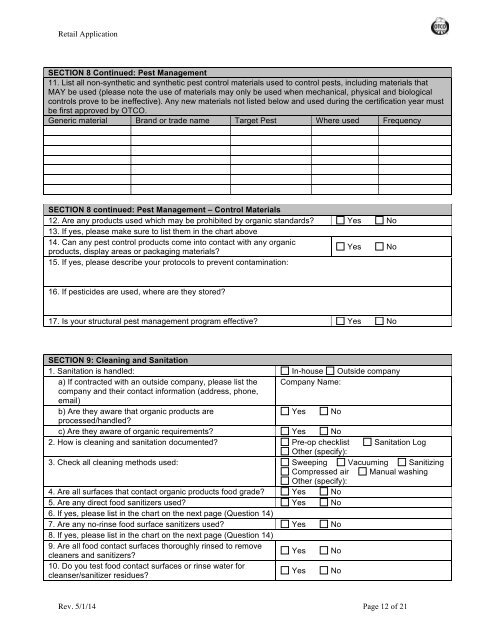 Organic System Plan â Class OR (Retail) Organic ... - Oregon Tilth