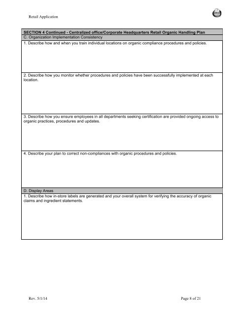 Organic System Plan â Class OR (Retail) Organic ... - Oregon Tilth