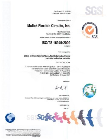 Multek 1150 Sheldahl Road TS 16949 Certificate 2013-2016