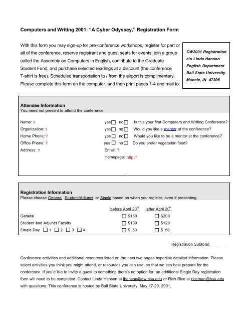 Computers and Writing 2001: âA Cyber Odyssey,â Registration Form