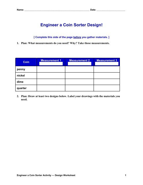 Engineer a Coin Sorter Design Worksheet - Teach Engineering