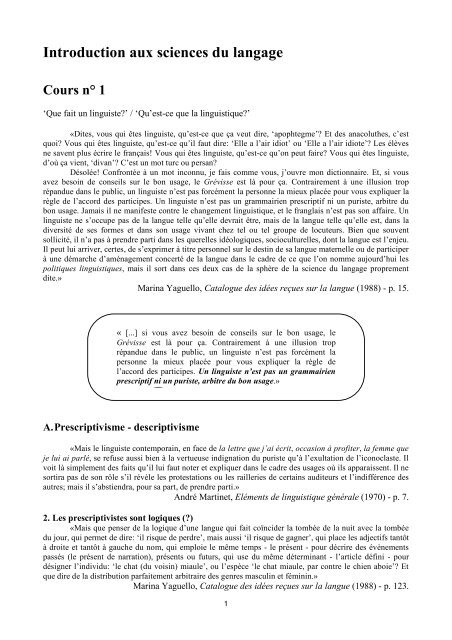 Introduction aux sciences du langage Cours nÂ° 1
