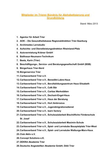 Mitglieder im Trierer BÃ¼ndnis fÃ¼r Alphabetisierung und Grundbildung