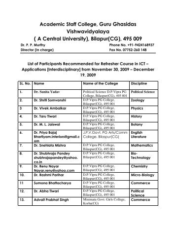 ( A Central University), Bilapur(CG), 495 009 - Guru Ghasidas ...