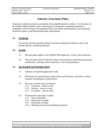 Asbestos Awareness Policy - International Paper