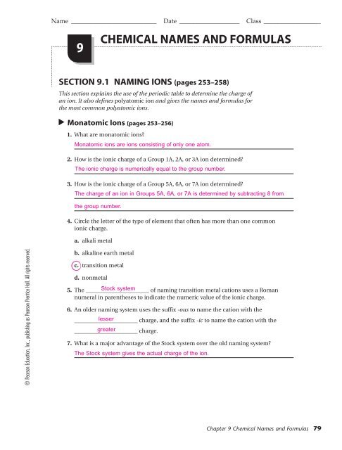 Ions In Chemical Compounds Chart Answers