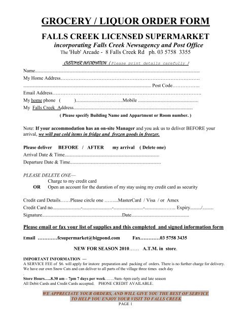 GROCERY / LIQUOR ORDER FORM - Falls Creek