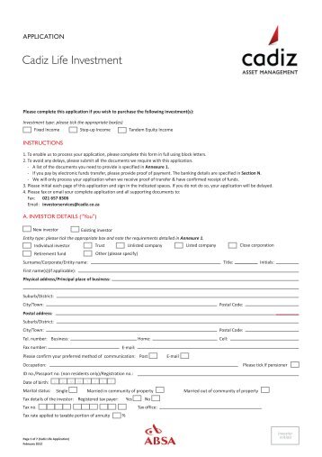 Cadiz ABSA Life Investment Application Form March ... - Cadiz.co.za