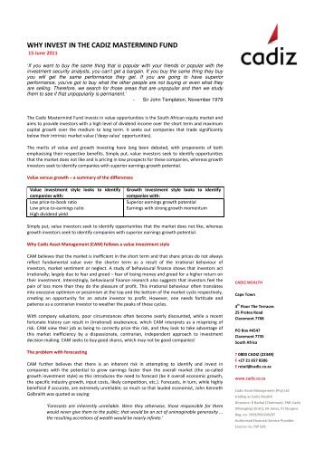 Why invest in the Cadiz Mastermind Fund - June 2011 - Cadiz.co.za