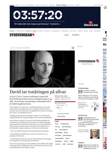 Intervju med David Wiberg i Sydsvenskan av Karin ArbsjÃƒÂ¶ ... - Inkonst