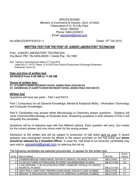 written test for the post of junior laboratory technician - Spices Board ...