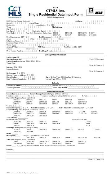 Single Residential Data Input Form - MLS Listings for CT Real ...