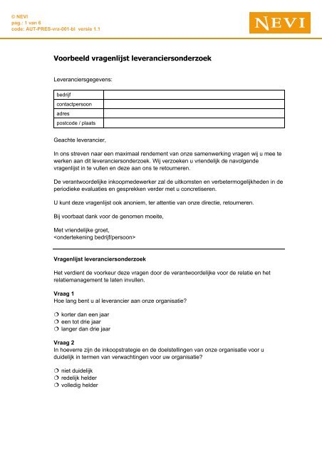 Voorbeeld vragenlijst leveranciersonderzoek  Nevi