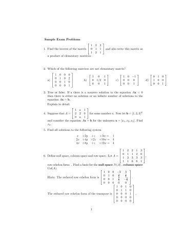 Sample Exam Problems 1. find the inverse of the following ... - MyWeb
