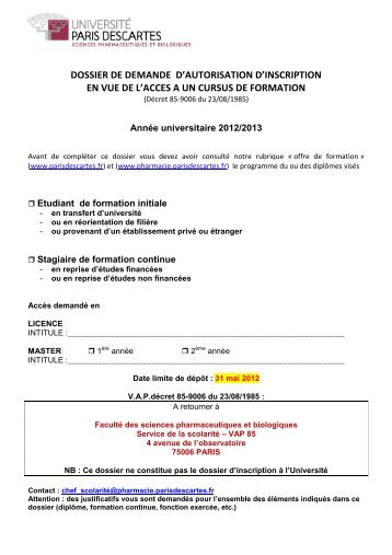 Dossier candidature VAP 85 2012-2013 - FacultÃ© de Pharmacie