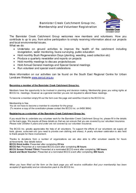 Bannister Creek Catchment Group Membership Form - SERCUL