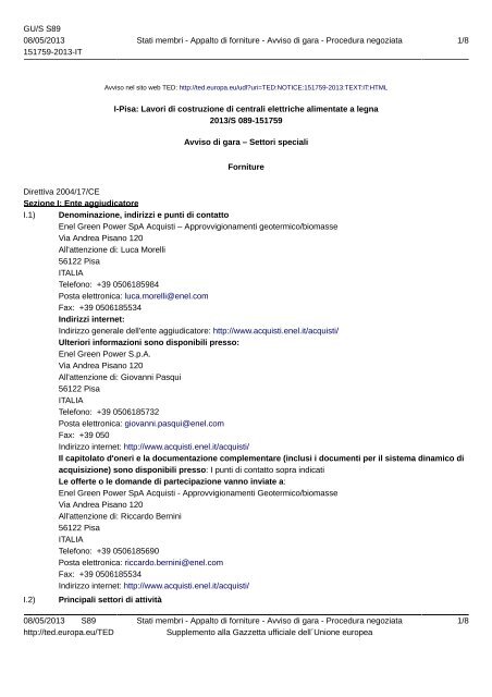 I-Pisa: Lavori di costruzione di centrali elettriche ... - Fornitori - Enel